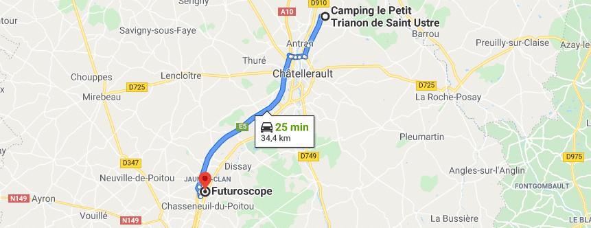 Route from Petit Trianon camping to Futuroscope of Poitiers